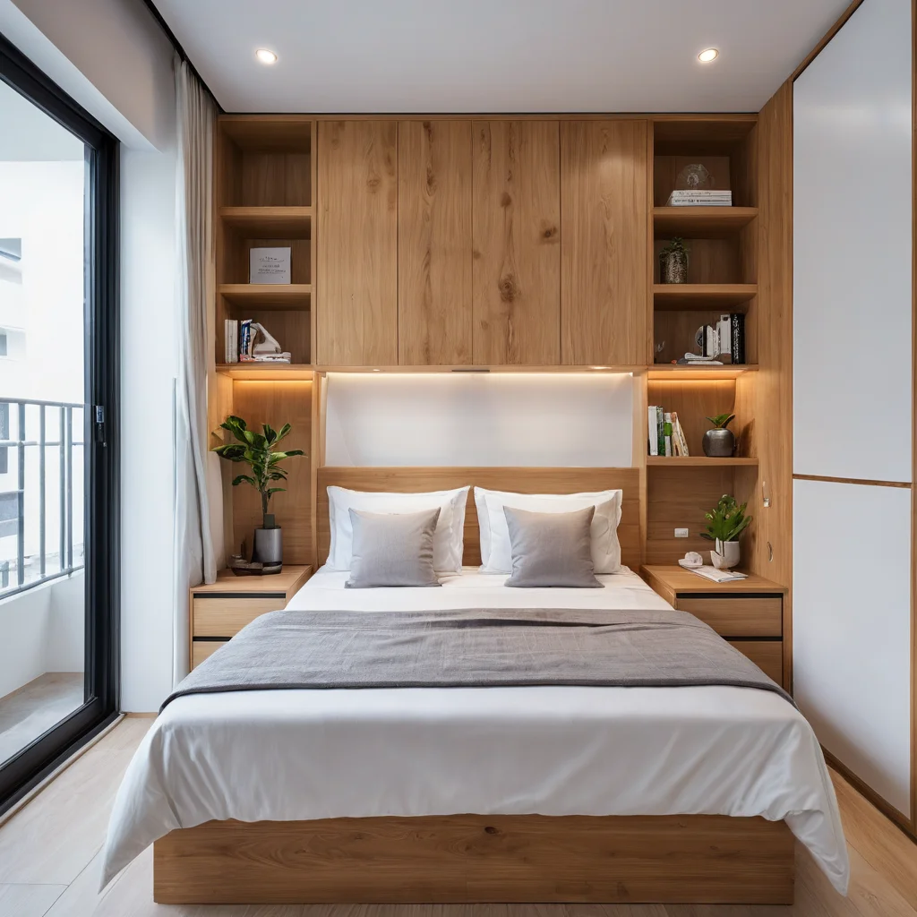 Фотореалистичный вид эргономичной планировки очень маленькой спальни (9 кв. м) с умным зонированием пространства, компактной мебелью и чистыми линиями. Интерьер в современном стиле с элементами натурального дерева, хорошо освещенный и организованный.