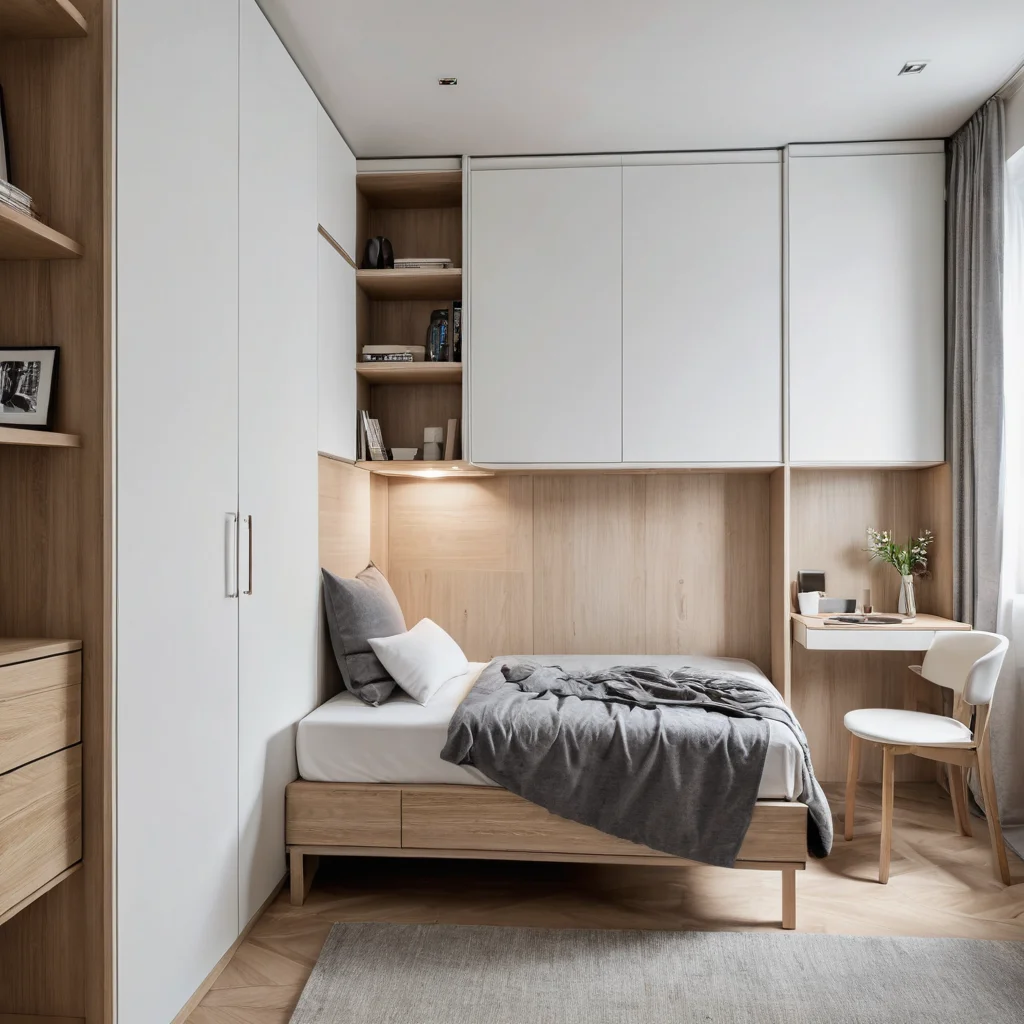 Фотореалистичное изображение спальни площадью 12 кв. м с трансформируемой мебелью, включая откидную кровать (Murphy bed) и складной рабочий стол. Комната оформлена в современном стиле, демонстрируя умные, компактные решения для максимальной функциональности и отсутствия беспорядка.