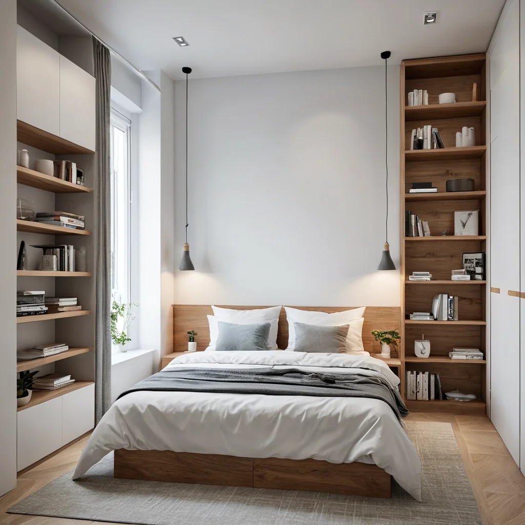 Фотореалистичное изображение маленькой спальни (9 кв. м), демонстрирующее четкое зонирование: выделенная зона для сна и уютный уголок для чтения. Использованы минималистичные приемы разделения пространства в скандинавском стиле, создавая функциональный и организованный интерьер.
