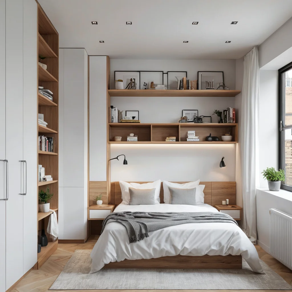 Фотореалистичное изображение маленькой спальни, демонстрирующее использование вертикального пространства: высокие полки, встроенный шкаф до потолка и кровать-чердак. Дизайн направлен на визуальное расширение пространства и максимальное хранение, выполнен в современном минималистичном стиле.