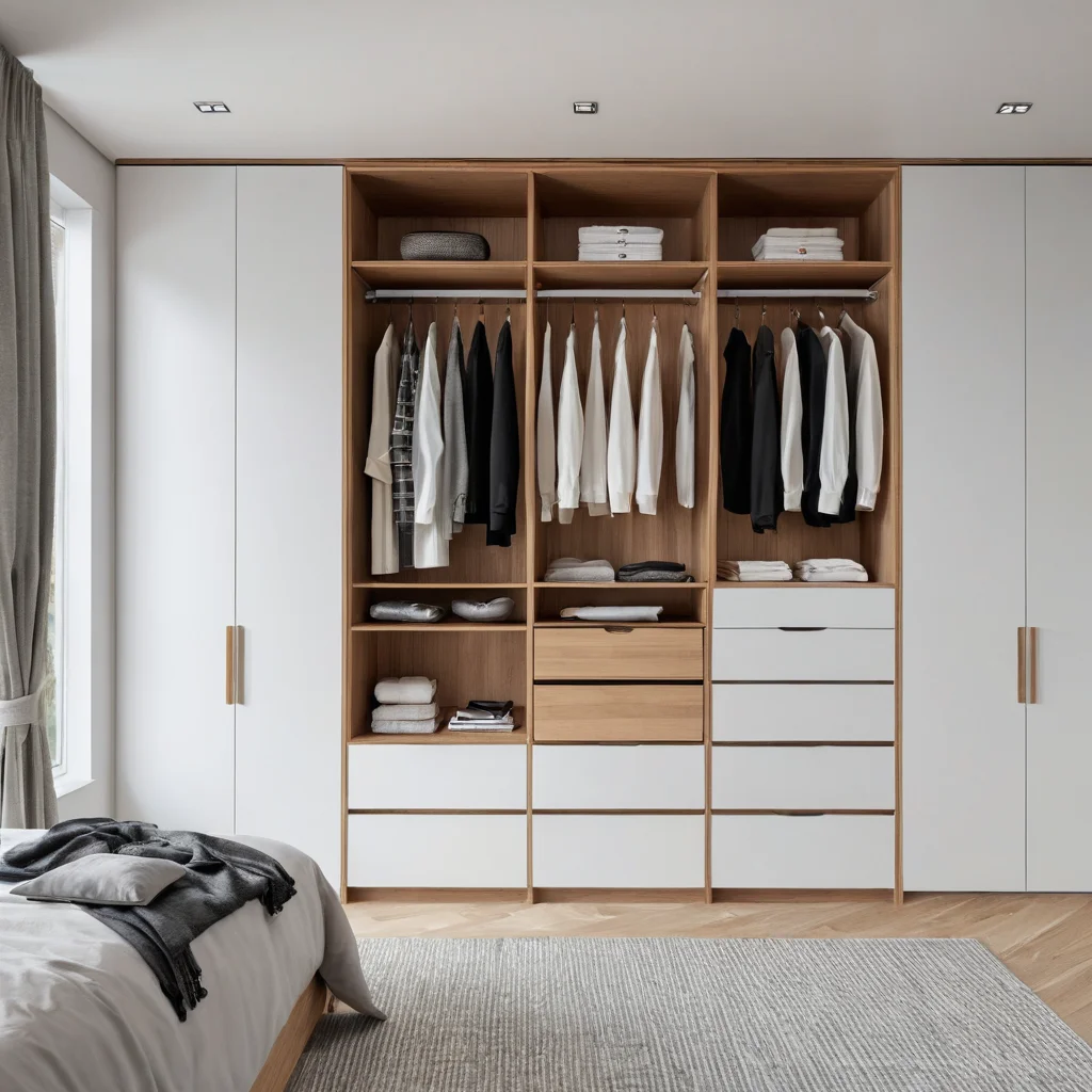 Фотореалистичное изображение очень маленькой спальни (12 кв. м) с интегрированными и скрытыми системами хранения, такими как встроенные шкафы без ручек и выдвижные ящики. Интерьер выполнен в минималистичном стиле, демонстрируя максимальную организацию и отсутствие беспорядка.