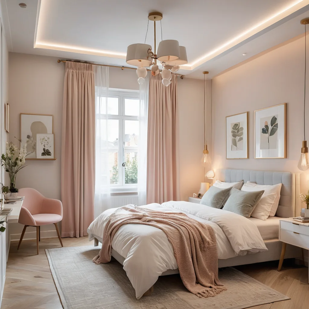 Фотореалистичное изображение очень маленькой спальни (10 кв. м) с продуманным освещением, включающим мягкий рассеянный и функциональный свет. Интерьер оформлен в пастельных тонах, создавая визуально расширенное, уютное и приглашающее пространство.