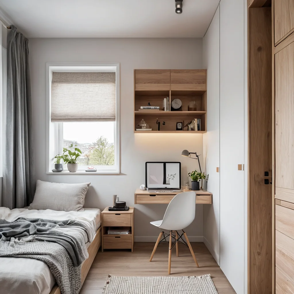 Фотореалистичное изображение крошечной спальни площадью 9-12 кв. м, оформленной в скандинавском стиле с умным дизайном, создающим уютную атмосферу и продуманную планировку. Пространство наполнено естественным светом, минималистичным декором и демонстрирует максимальную функциональность.