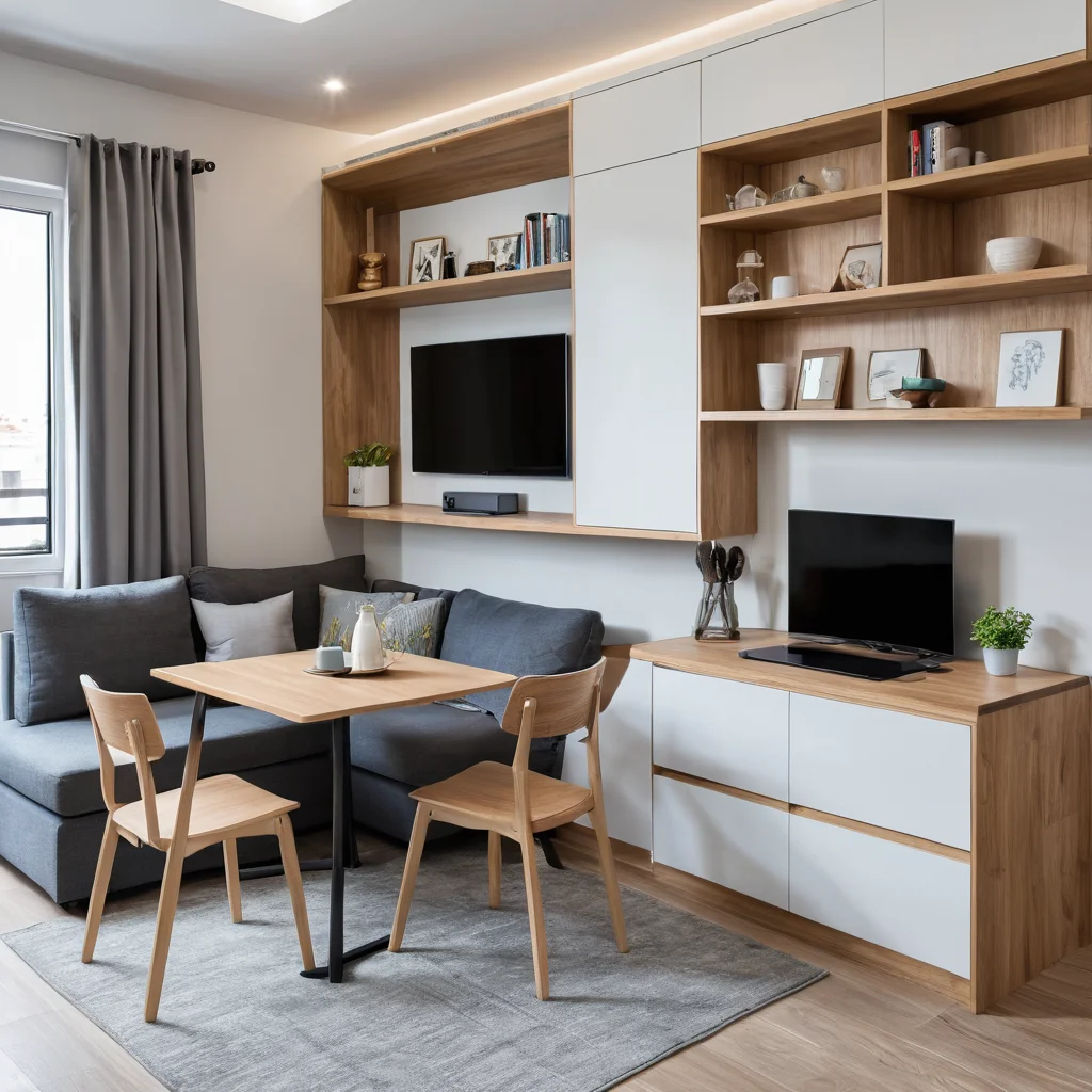 Пример многофункциональной мебели в студии 25 кв. м: трансформируемый диван-кровать, компактный обеденный стол и модульные системы хранения.