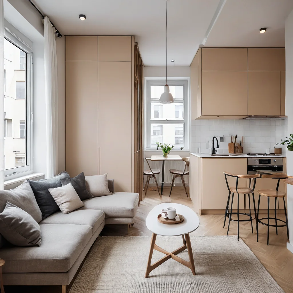 Фотореалистичный интерьер уютной студии 25 кв. м, где продуманный дизайн создает ощущение полноценного дома, залитый мягким естественным светом.