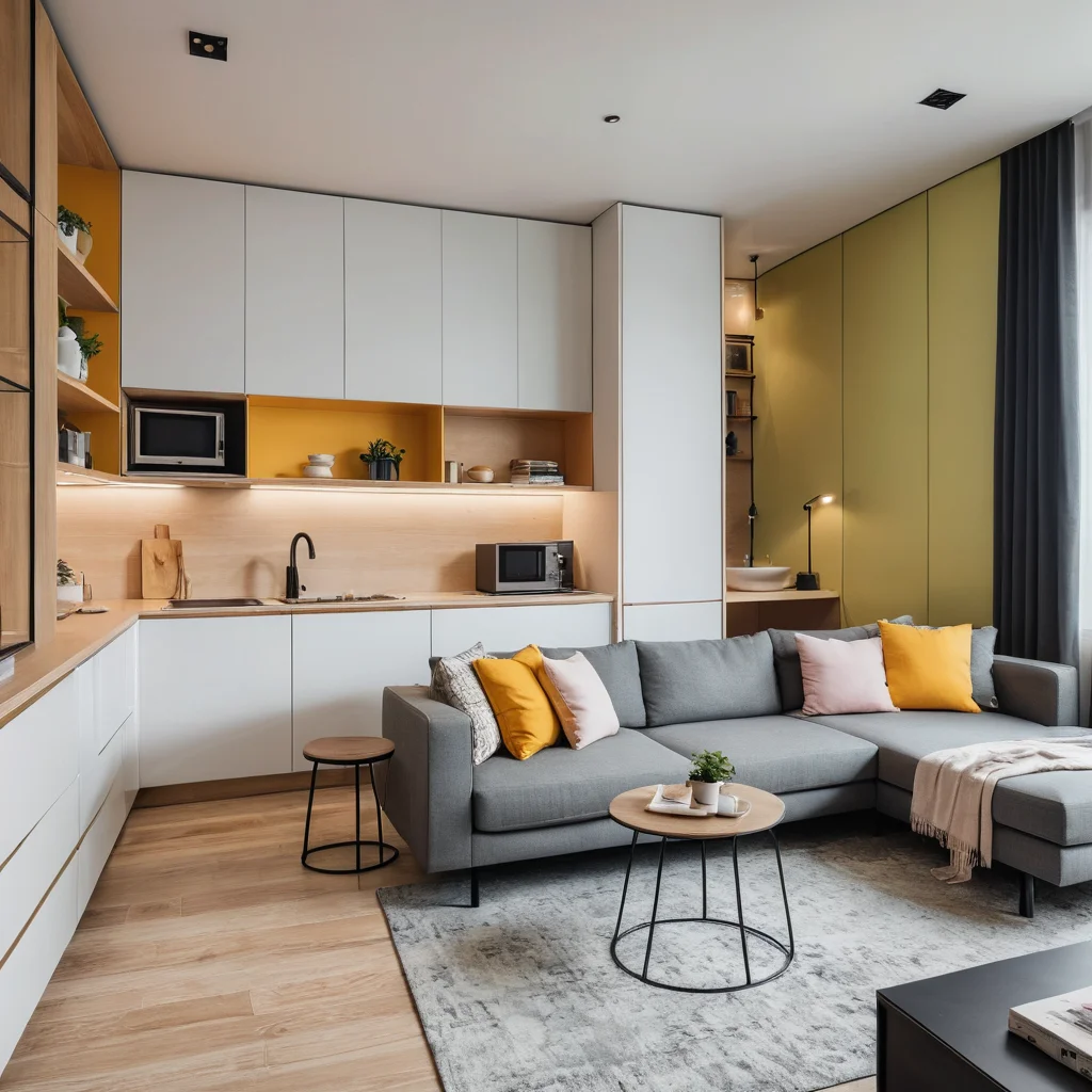 Идея зонирования студии 25 кв. м без стен: использование стильной ширмы и цветовых решений для выделения различных функциональных зон в открытом пространстве.