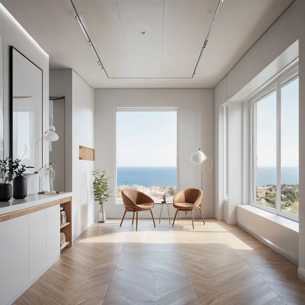 Фотореалистичная визуализация, демонстрирующая анализ геометрии узкой комнаты, с акцентом на то, как дизайн может противостоять психологическому эффекту вытянутого пространства, иллюстрируя проблемы и решения.