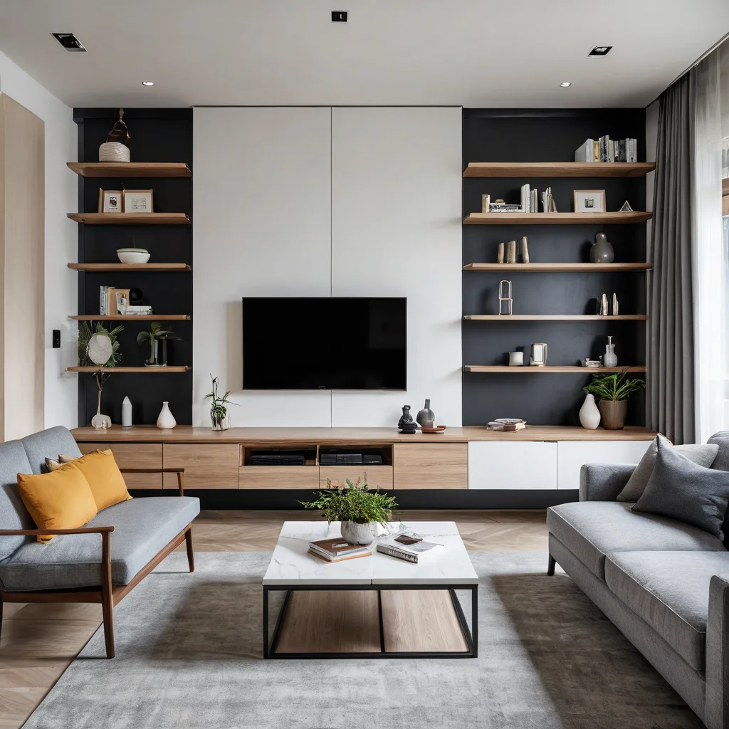 Фотореалистичное изображение узкой гостиной с продуманной расстановкой мебели: многофункциональный диван, консольный стол и подвесные полки, которые визуально 'ломают' геометрию и экономят место.