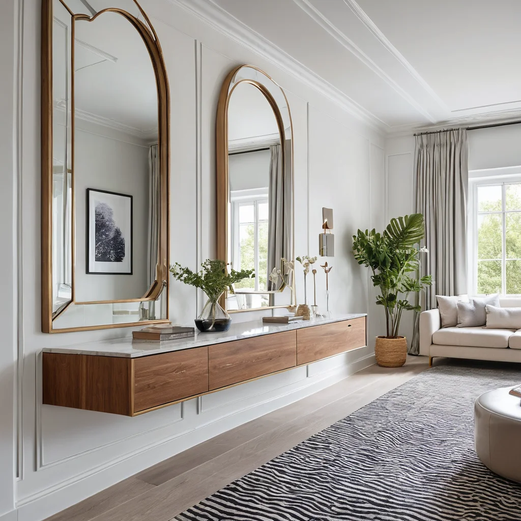 Фотореалистичное изображение узкой комнаты, где применены оптические иллюзии: зеркала, горизонтальные элементы декора и искусство визуально 'раздвигают' стены, создавая иллюзию более широкого пространства.