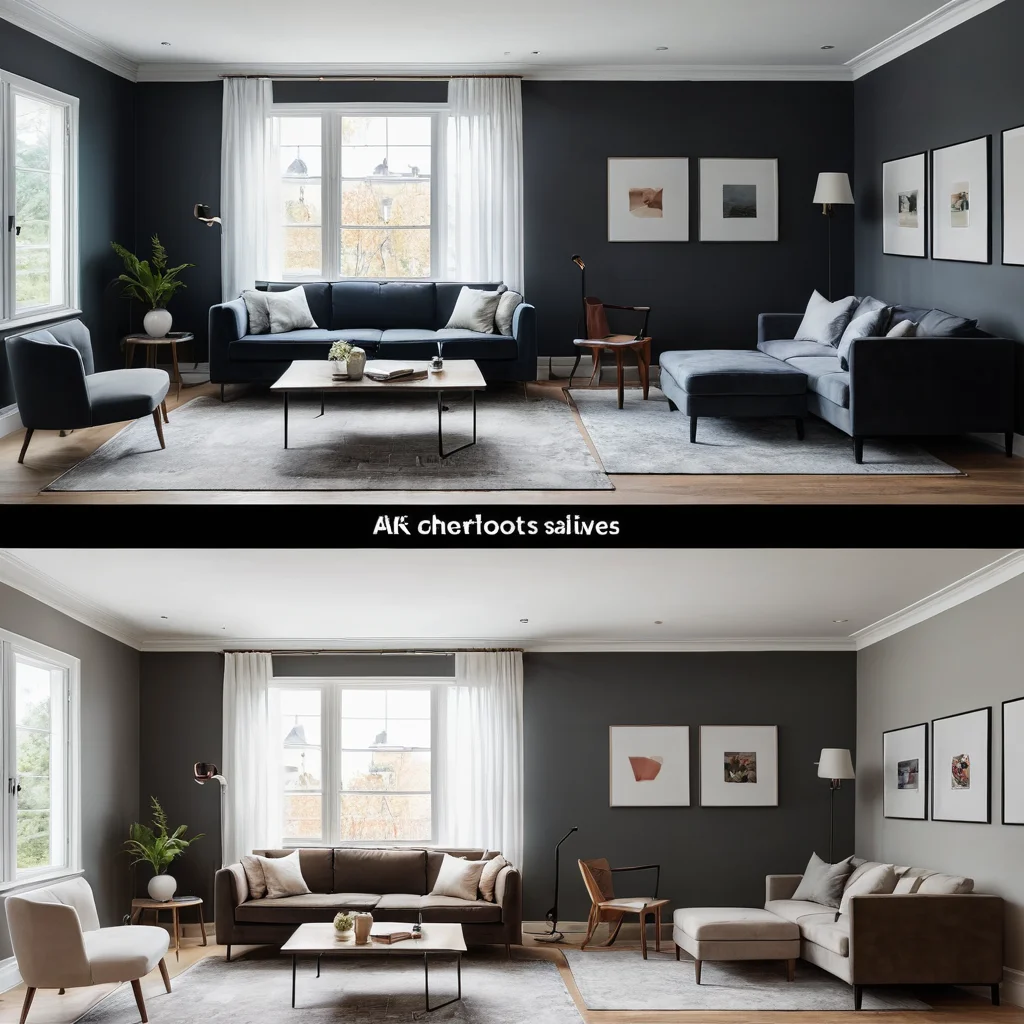 Фотореалистичное изображение, иллюстрирующее типичные ошибки в дизайне узких комнат – загроможденность, темные цвета, неправильная расстановка мебели, в контрасте с идеей успешного преображения и чек-листом.