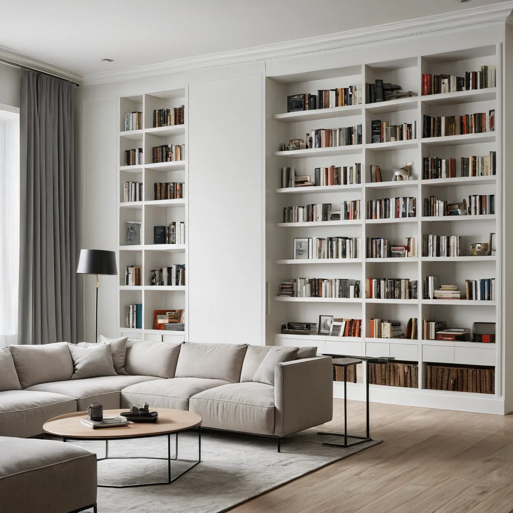 Фотореалистичное изображение узкой комнаты, демонстрирующее использование вертикального пространства: высокие стеллажи, настенные панели и декор, визуально увеличивающие высоту и расширяющие стены.