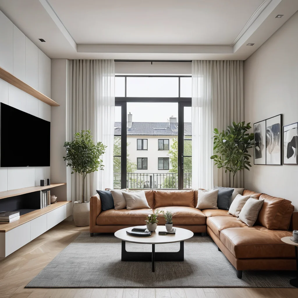 Фотореалистичное изображение узкой гостиной, оформленной с умом и функциональностью, где грамотное зонирование и современные решения визуально расширяют пространство, делая его уютным и стильным.