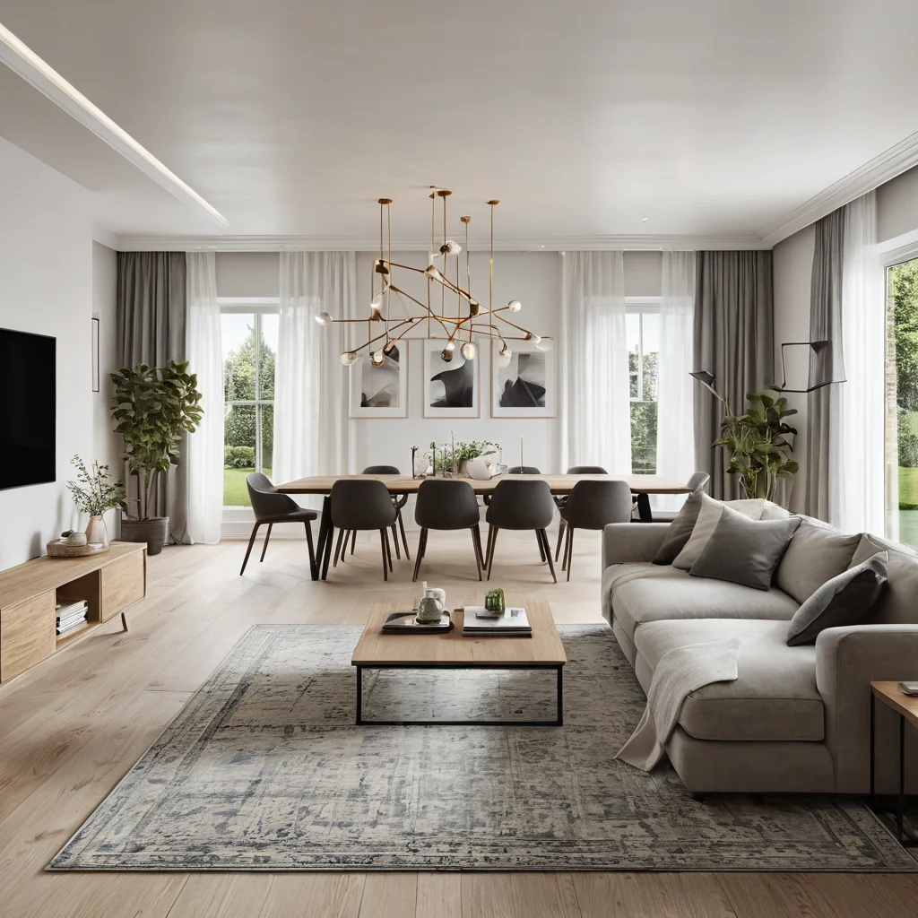 Фотореалистичное изображение узкой комнаты, разделенной на функциональные зоны: гостиная и столовая, обозначенные мебелью и коврами, создают ощущение отдельных пространств без физических перегородок.