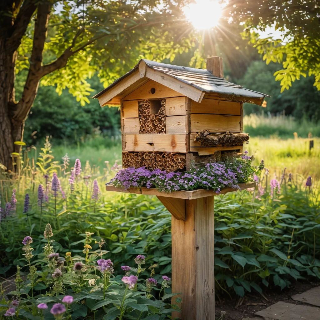 صورة لمكان مثالي لتركيب منزل النحل الطنان: زاوية هادئة من الحديقة، مغمورة بضوء الشمس الناعم، محمية من عواصف الرياح القوية. تم تركيب المنزل على عمود خشبي بجوار زهور مورقة، مما يخلق مساحة متناغمة وهادئة.