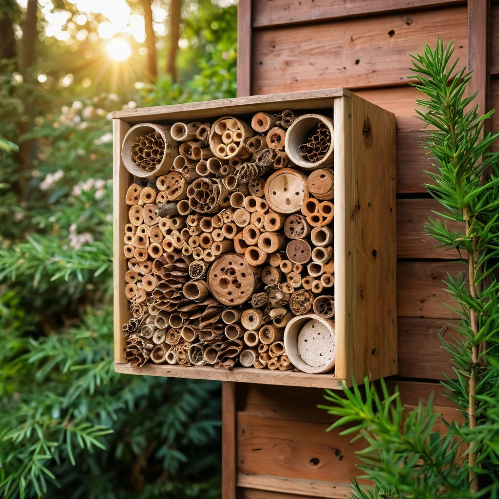 لقطة مقربة لتصميمات متنوعة لمنازل النحل الطنان، تعرض أنواعًا مختلفة من المساكن: من الكتل الخشبية ذات الفتحات إلى التكوينات من سيقان الخيزران، ومخاريط الصنوبر، والعناصر الطينية. تظهر أحجام وأشكال مختلفة مناسبة لأنواع مختلفة من الحشرات.