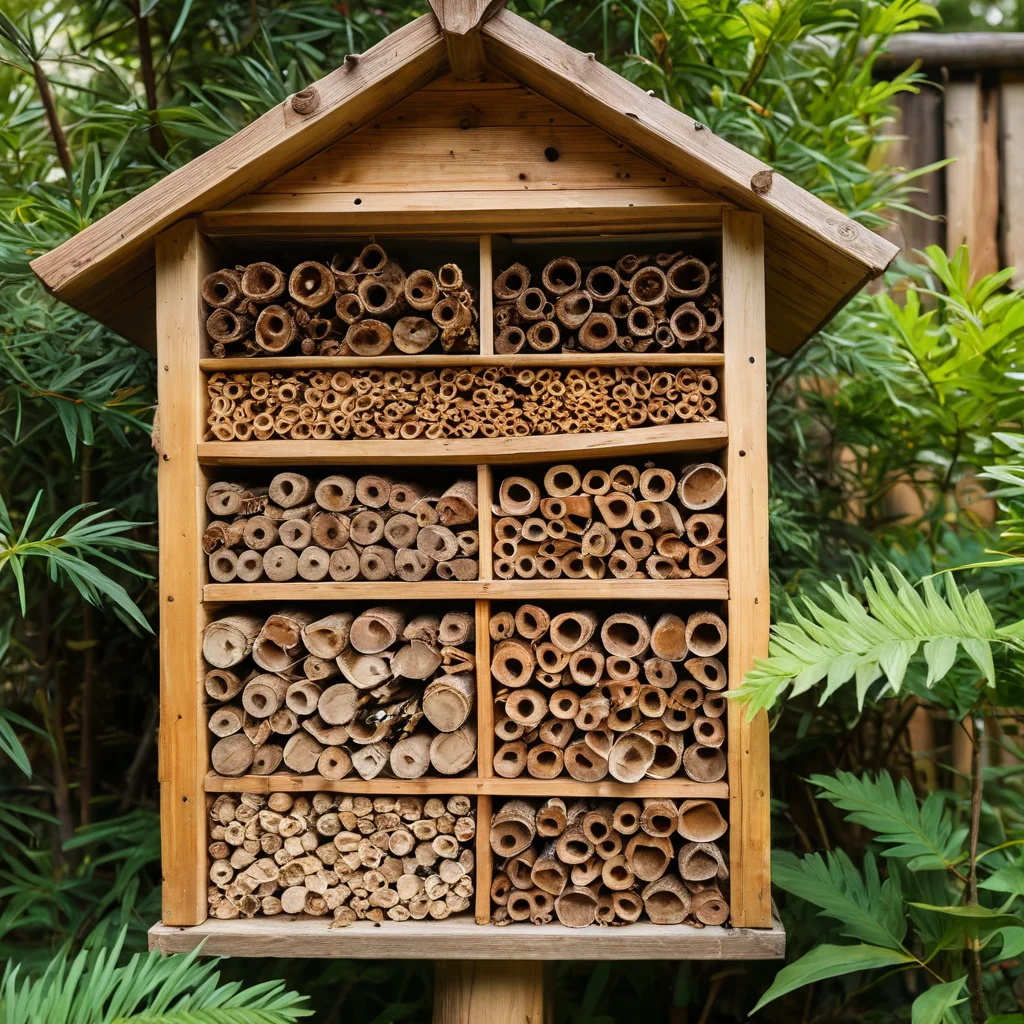 لقطة مفصلة للمواد الطبيعية غير المعالجة، المثالية لبناء منزل للنحل الطنان: كتل خشبية ملساء مع فتحات مثقوبة، حزم من سيقان الخيزران ذات سماكات مختلفة، قش جاف، ومخاريط صنوبر طبيعية. تم التأكيد على الملمس والصداقة البيئية.