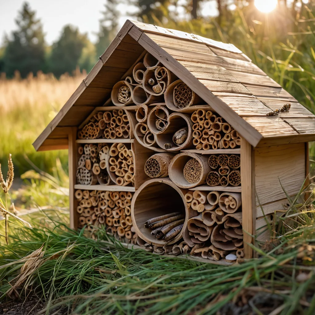 لقطة ماكرو لعملية ملء منزل النحل الطنان: أعشاب جافة مرتبة بعناية في خلايا منفصلة، سيقان قصب مجوفة، مخاريط صنوبر، وقش، مما يخلق ظروفًا مثالية لتعشيش النحل الطنان. تم التأكيد على الاهتمام بالتفاصيل وخلق بيئة مريحة.