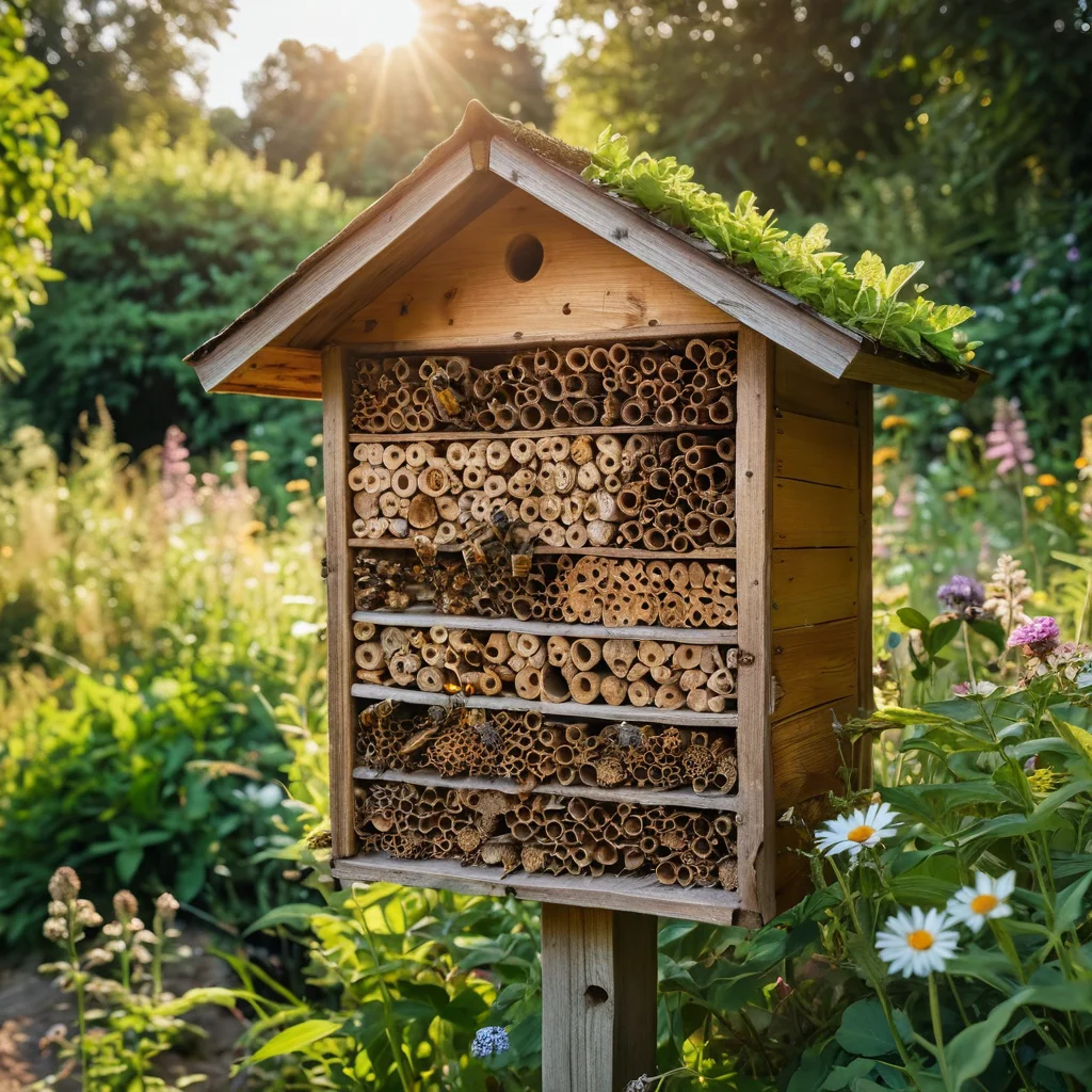Фотореалистичный снимок домика для шмелей, уютно расположившегося в центре цветущего летнего сада, окруженного полевыми цветами и зеленью. Мягкие лучи солнца освещают постройку, а вокруг видны трудолюбивые шмели, подчеркивающие важность опыления и биоразнообразия.