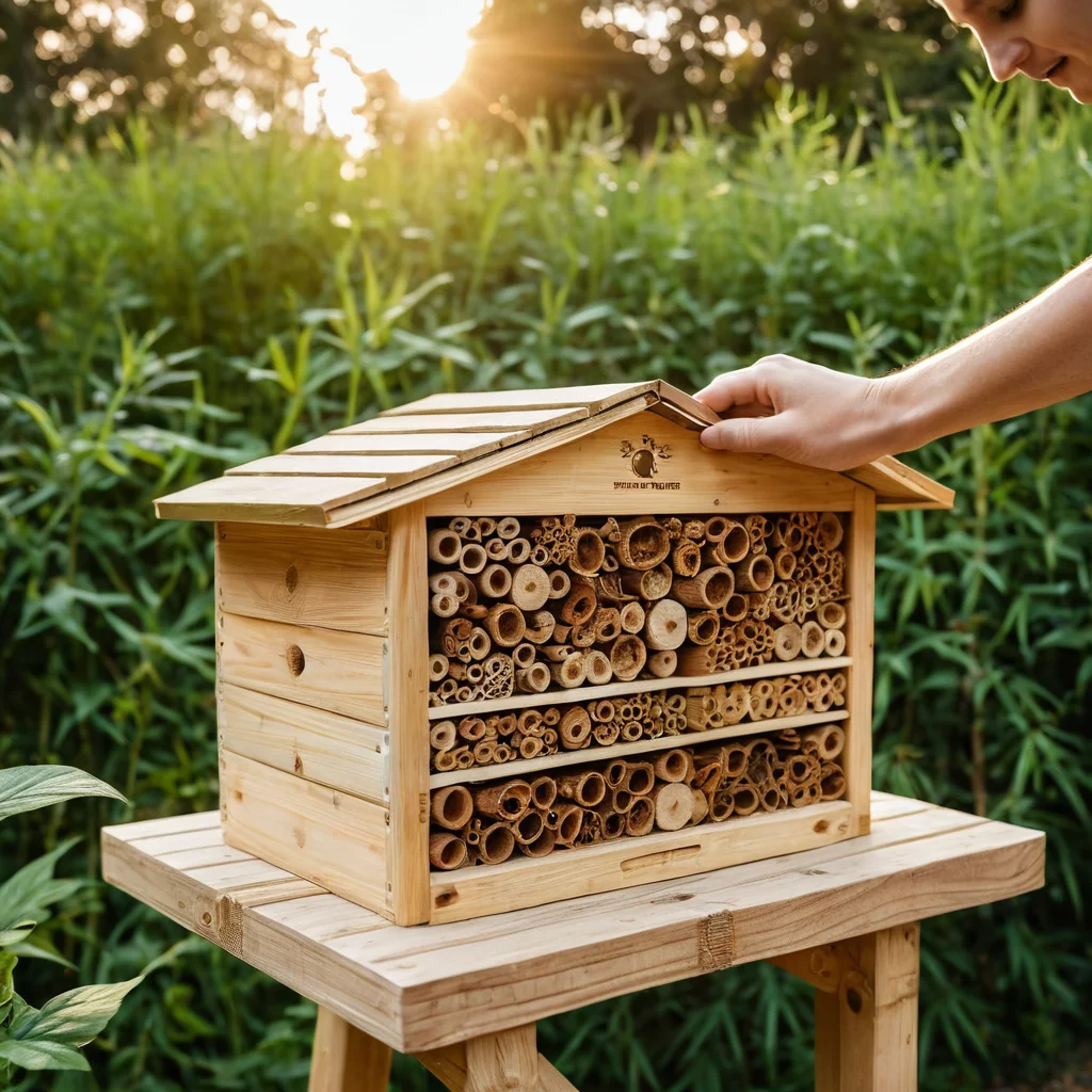 عملية صنع منزل بسيط للنحل الطنان بنفسك: أيدي حرفي تجمع بعناية قطع خشبية، باستخدام أدوات وعصي الخيزران. تظهر المراحل الرئيسية للتجميع، مما يوضح سهولة العملية للبستانيين المبتدئين.