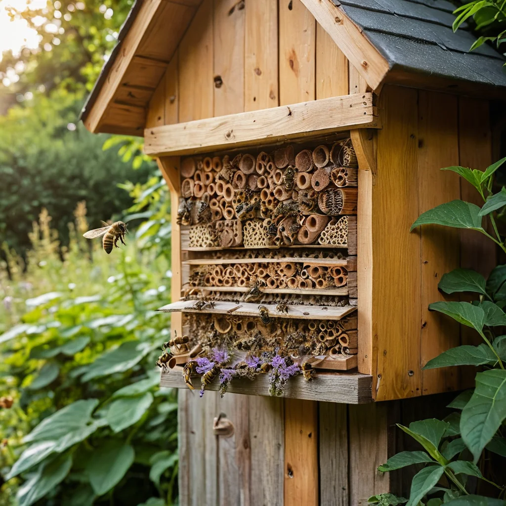 صورة للعناية بمنزل النحل الطنان: شخص ينظفه بعناية من الأوراق الجافة والحطام بفرشاة ناعمة، ويفحصه بحثًا عن أي تلف. الخلفية عبارة عن سقيفة حديقة، مما يخلق جوًا من البستنة اليقظة والمسؤولة.