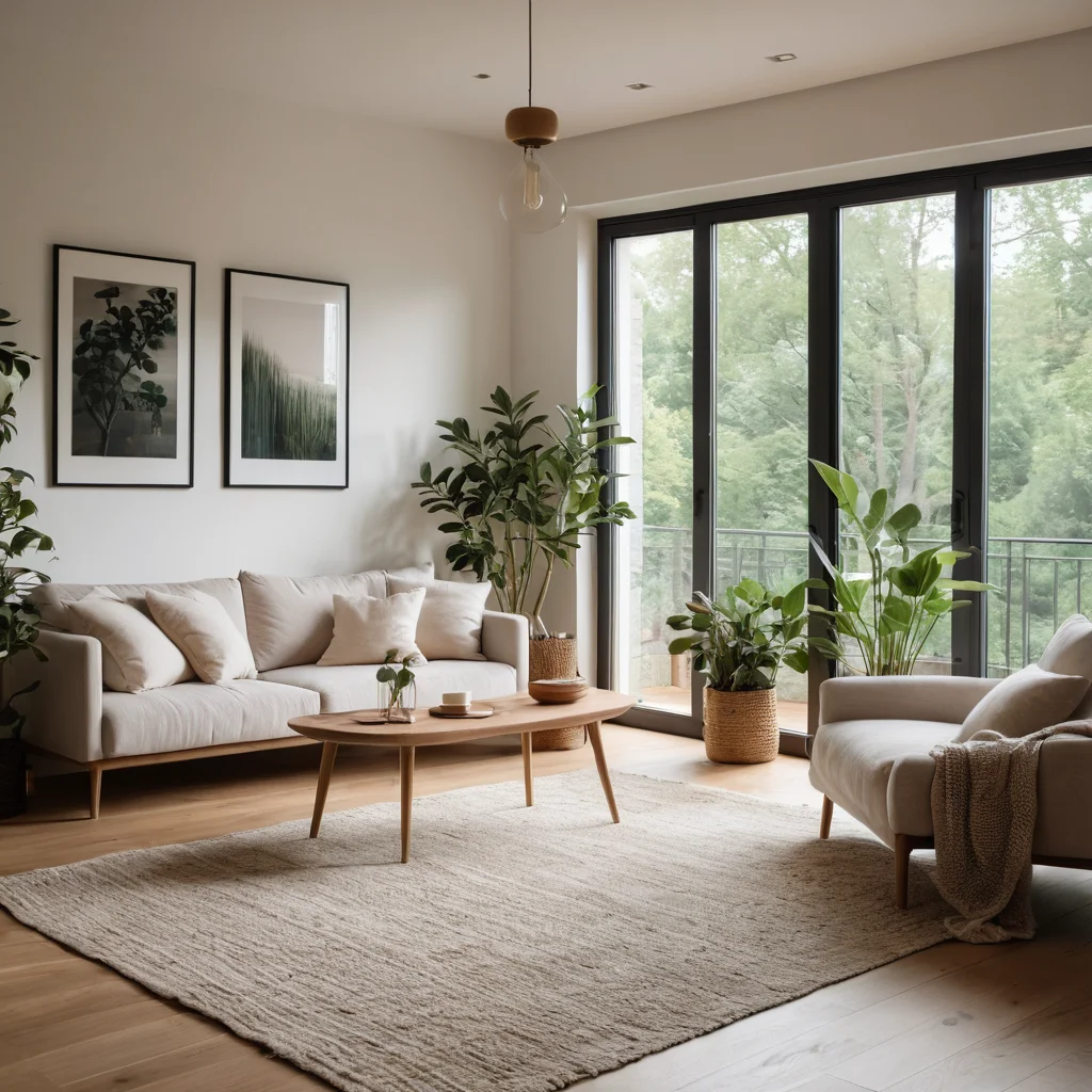 Чистый и организованный интерьер дома в эко-стиле, с использованием натуральных материалов, изобилием растений, открытым пространством и мягким освещением, олицетворяющий гармоничное пространство, наполненное дыханием природы.