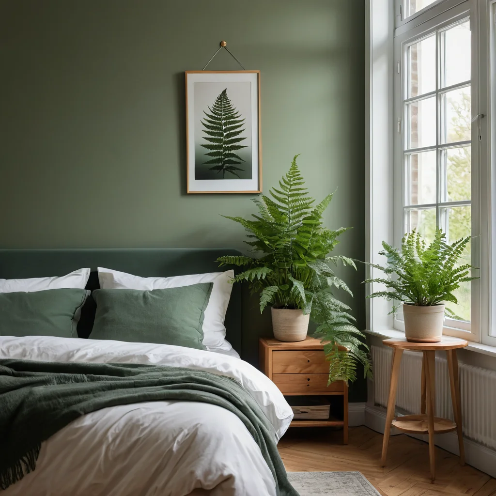 Спокойная спальня с приглушенными зелеными стенами, бежевыми акцентами, напольным папоротником в горшке и мягким солнечным светом, демонстрирующая природную палитру для создания умиротворяющей атмосферы.