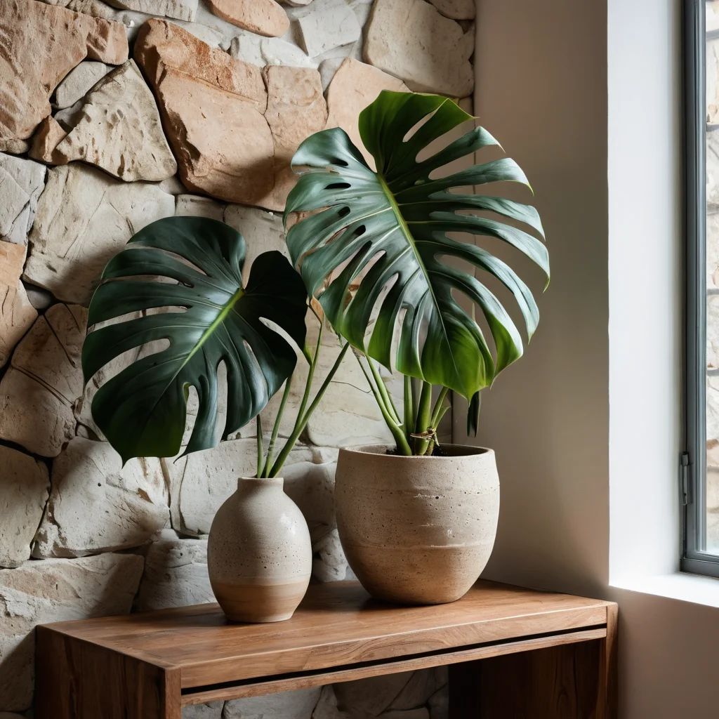 Угол комнаты с крупным растением монстера, акцентной стеной из грубого камня и полкой из состаренного дерева, украшенной керамической вазой, подчеркивающий роль растений и натуральных материалов в создании души интерьера.