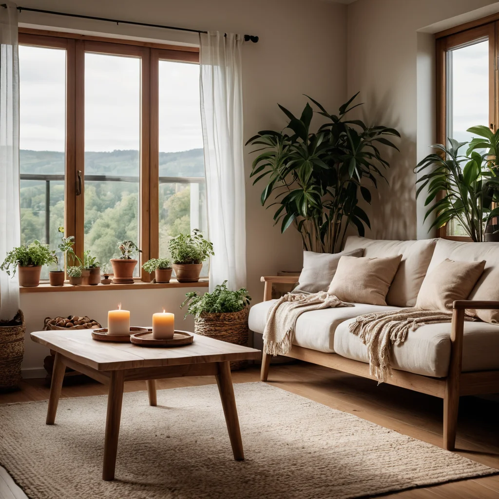 Уютная гостиная в эко-стиле, залитая естественным светом, с мебелью из натурального дерева, обилием зелени и предметами декора в землистых тонах, создающая атмосферу гармонии и спокойствия.