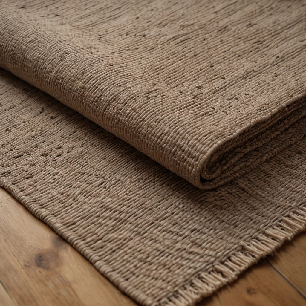 Макро-снимок текстуры натуральной льняной ткани и необработанного дерева, с фрагментом плетеного ковра, демонстрирующий тактильные качества органических материалов в эко-интерьере.