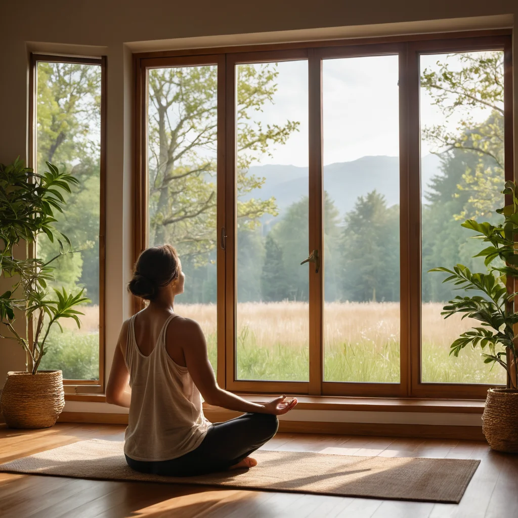 Человек медитирует у окна с видом на спокойный природный пейзаж, в интерьере, демонстрирующем принципы биофильного дизайна, подчеркивая связь благополучия и природы.