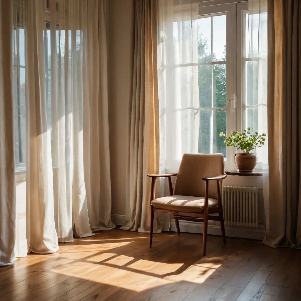 Лучи солнца, проникающие сквозь окно, создают игру света и тени на деревянном полу, драпированном легкими занавесками, иллюстрируя важность естественного освещения в эко-пространстве.