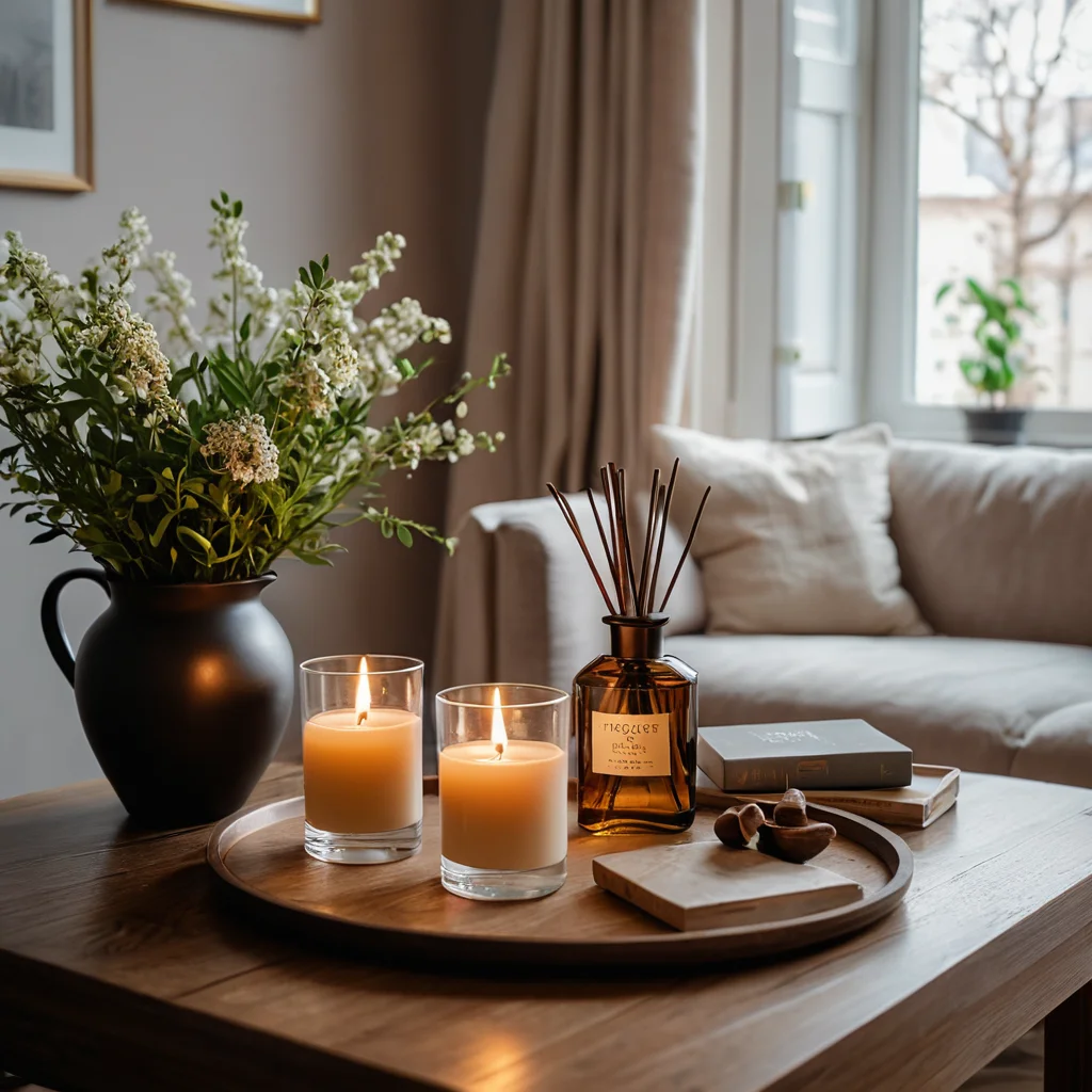 Фотореалистичное изображение, передающее атмосферу дома, наполненную приятными ароматами. Тонкие запахи создают ощущение безопасности, расслабления и уюта, формируя позитивное сенсорное восприятие пространства.