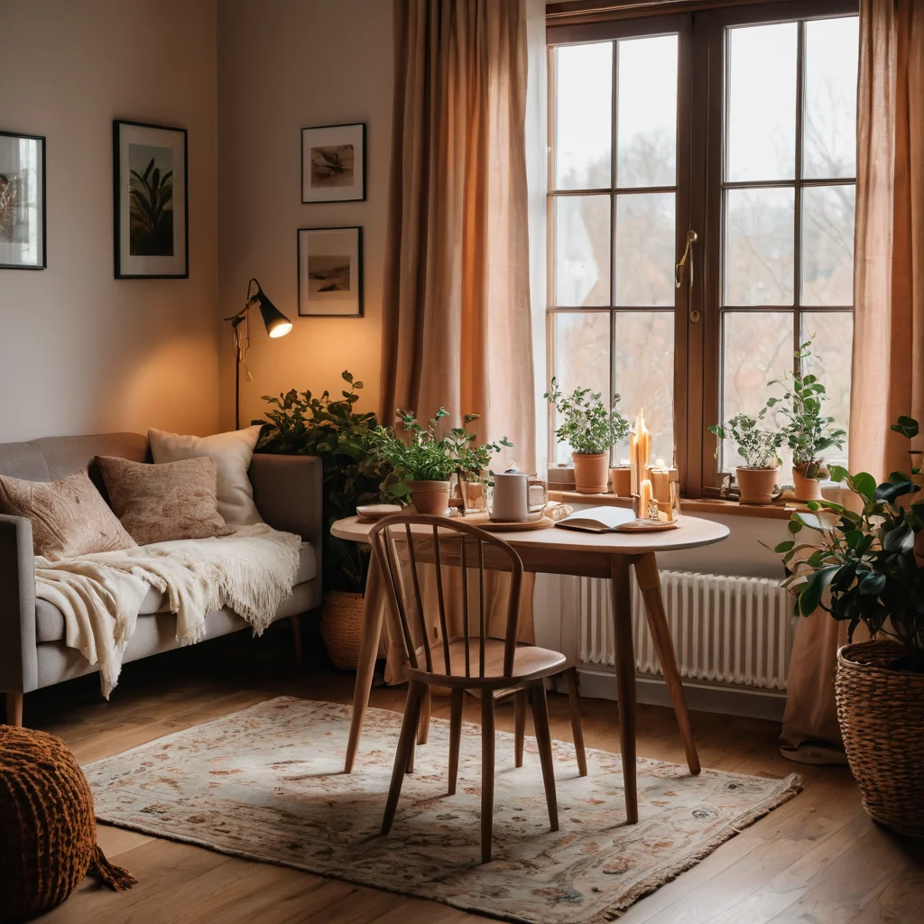 Фотореалистичное изображение, демонстрирующее интерьер с тщательно подобранной цветовой палитрой, отражающей эмоциональное состояние. Теплые и успокаивающие тона создают гармоничное пространство, являющееся личным убежищем.