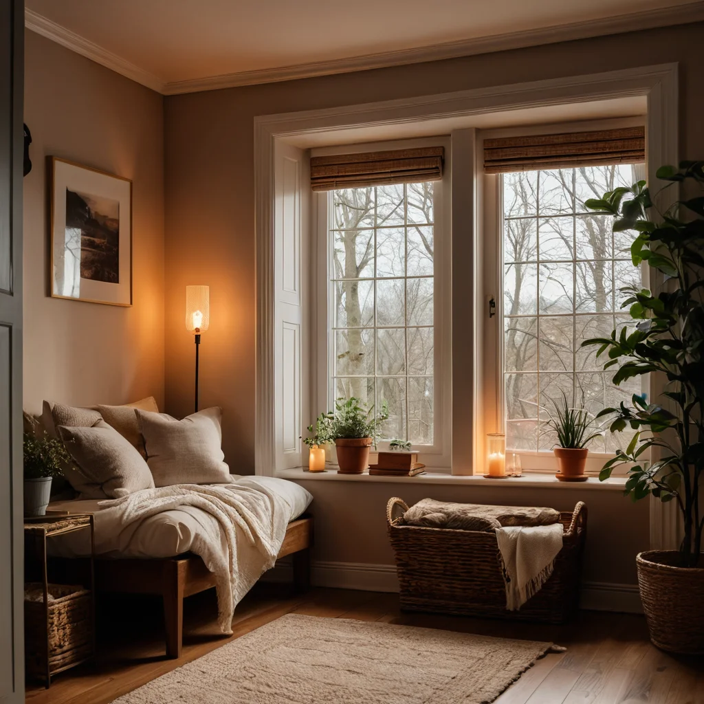 Фотореалистичное изображение, иллюстрирующее магию света в интерьере. Мягкое, сбалансированное освещение, игра теней и теплый отблеск создают ощущение покоя и безмятежности в уютном уголке дома.
