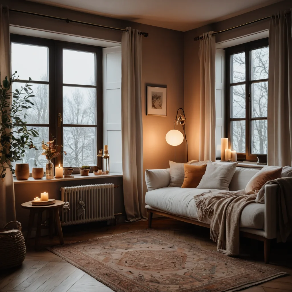 Фотореалистичное изображение, передающее атмосферу ненавязчивых триггеров уюта. Крупным планом показаны детали интерьера, вызывающие тихие моменты и сенсорный опыт, подчеркивающие важность личных прикосновений в создании ощущения дома.