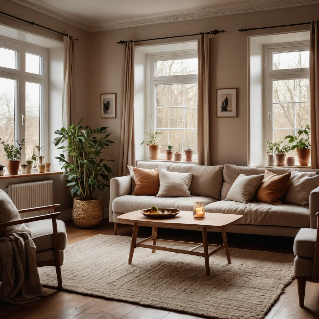 Фотореалистичное изображение, демонстрирующее уютную гостиную с мягким освещением, намекающим на психологию комфорта и чувство принадлежности. Интерьер создает атмосферу внутреннего покоя и эмоциональной связи с домом.