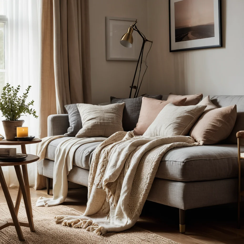 Фотореалистичное изображение, акцентирующее внимание на тактильном наслаждении. Мягкие, обнимающие текстуры – пледы, подушки, натуральные материалы – создают ощущение уюта и комфорта, приглашая прикоснуться.