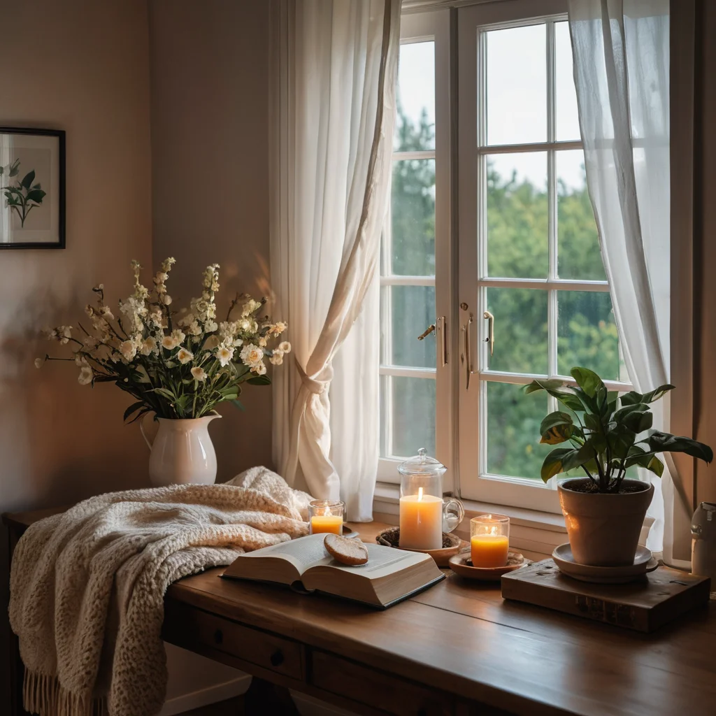 Фотореалистичное изображение, изображающее человека, наслаждающегося своим уютным пространством. Спокойное утро или безмятежный вечер символизируют ежедневный ритуал гармонии, осознанности и заботы о себе.