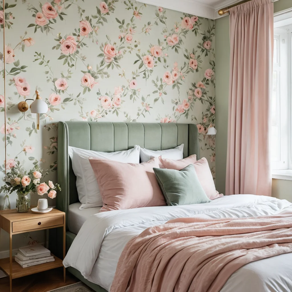 Фотореалистичное изображение спальни, оформленной в нежной палитре пыльно-розовых и шалфейно-зеленых оттенков. На стенах — нежные акварельные обои с цветочным узором, на кровати — белое постельное белье с цветочной вышивкой. Общая атмосфера спокойная и безмятежная, освещенная естественным светом.