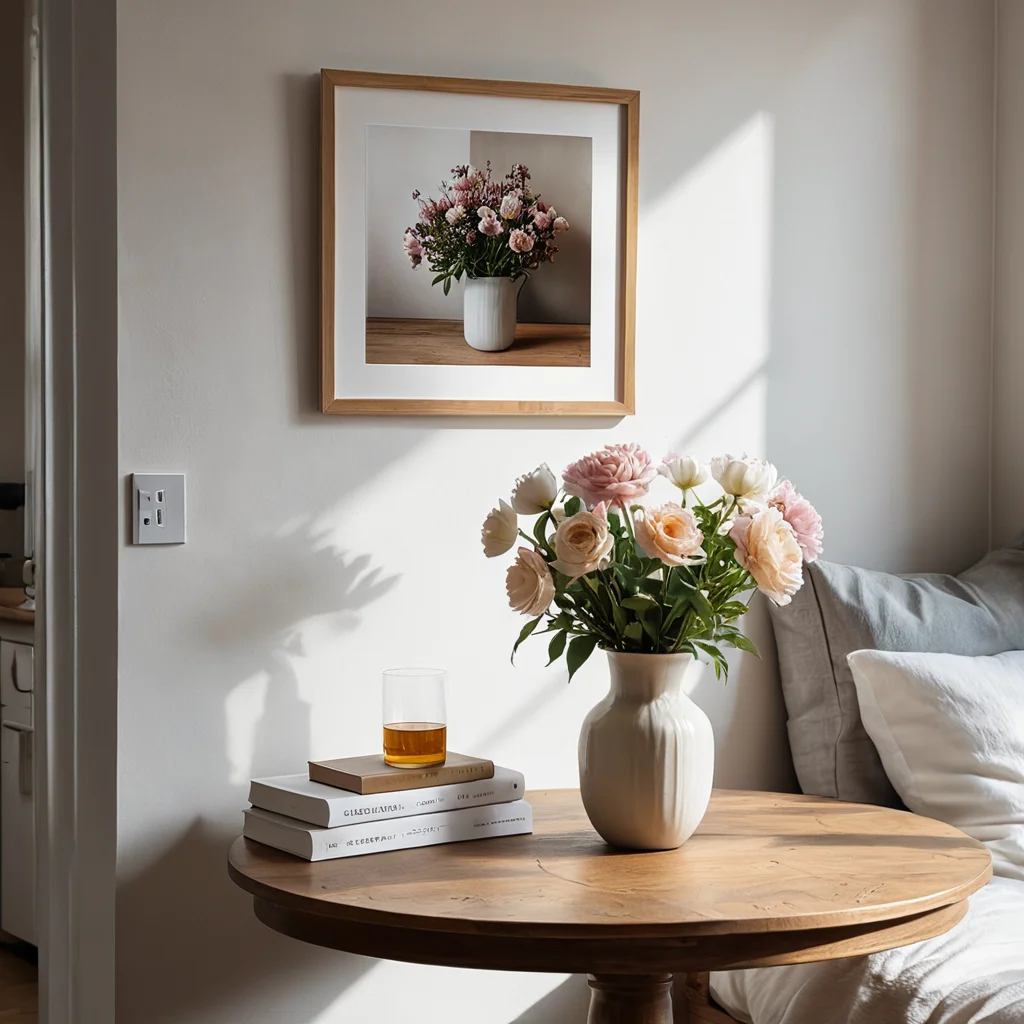 Фотореалистичное изображение уголка комнаты с несколькими изысканными цветочными элементами: одна ваза с цветами на деревянном столе и небольшой арт-принт с цветочным мотивом. Декор сбалансирован, не перегружен, создает чистую эстетику при естественном освещении.