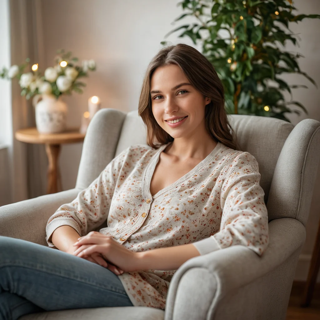 Фотореалистичное изображение женщины, расслабляющейся в уютном кресле, окруженной ненавязчивыми цветочными мотивами, создающими ощущение спокойствия и безмятежности. Мягкий естественный свет и размытый фон подчеркивают нежную атмосферу.