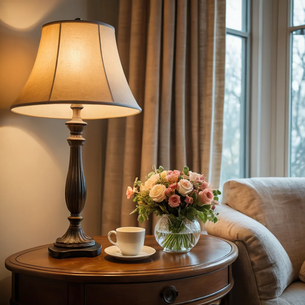 Фотореалистичное изображение мягкого, рассеянного света, проникающего сквозь прозрачные шторы, и теплого свечения настольной лампы с цветочным абажуром. Мягкий свет выделяет нежные цветочные композиции на приставном столике, создавая уютную атмосферу с теплыми тонами и деликатными тенями.
