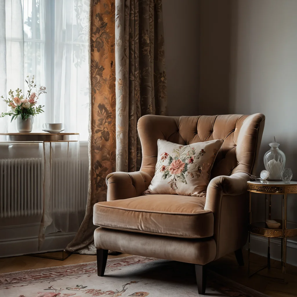 Фотореалистичный крупный план бархатного кресла с вышитым цветочным узором, рядом шелковые подушки и льняные шторы. Изображение акцентирует внимание на богатых текстурах, мягком освещении и тактильных ощущениях, создавая атмосферу роскошного комфорта.