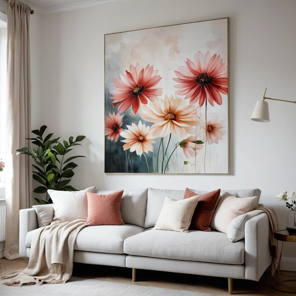 Фотореалистичное изображение современной гостиной в минималистичном стиле. На стене висит большая абстрактная цветочная картина, а на подушках присутствуют ненавязчивые цветочные акценты. Пространство светлое, воздушное, выполнено в скандинавском стиле с использованием натуральных материалов.