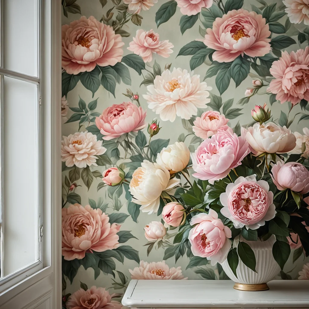 Фотореалистичный крупный план старинных обоев с замысловатым цветочным узором из роз и пионов в приглушенных пастельных тонах. Изображение передает элегантность и вневременность, с мягким фокусом и детализированной текстурой, освещенной рассеянным светом.
