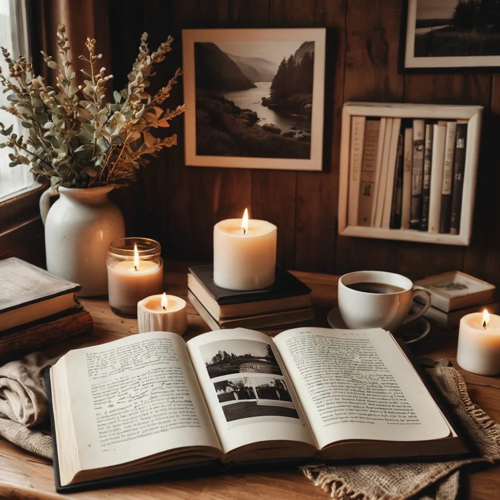 Фотореалистичный снимок красиво расположенного винтажного фотоальбома. Открытые страницы с черно-белыми фотографиями и рукописными подписями, разбросанные полароиды. Теплое, приглушенное освещение, передающее атмосферу создания истории из воспоминаний, превращения альбома в арт-объект.