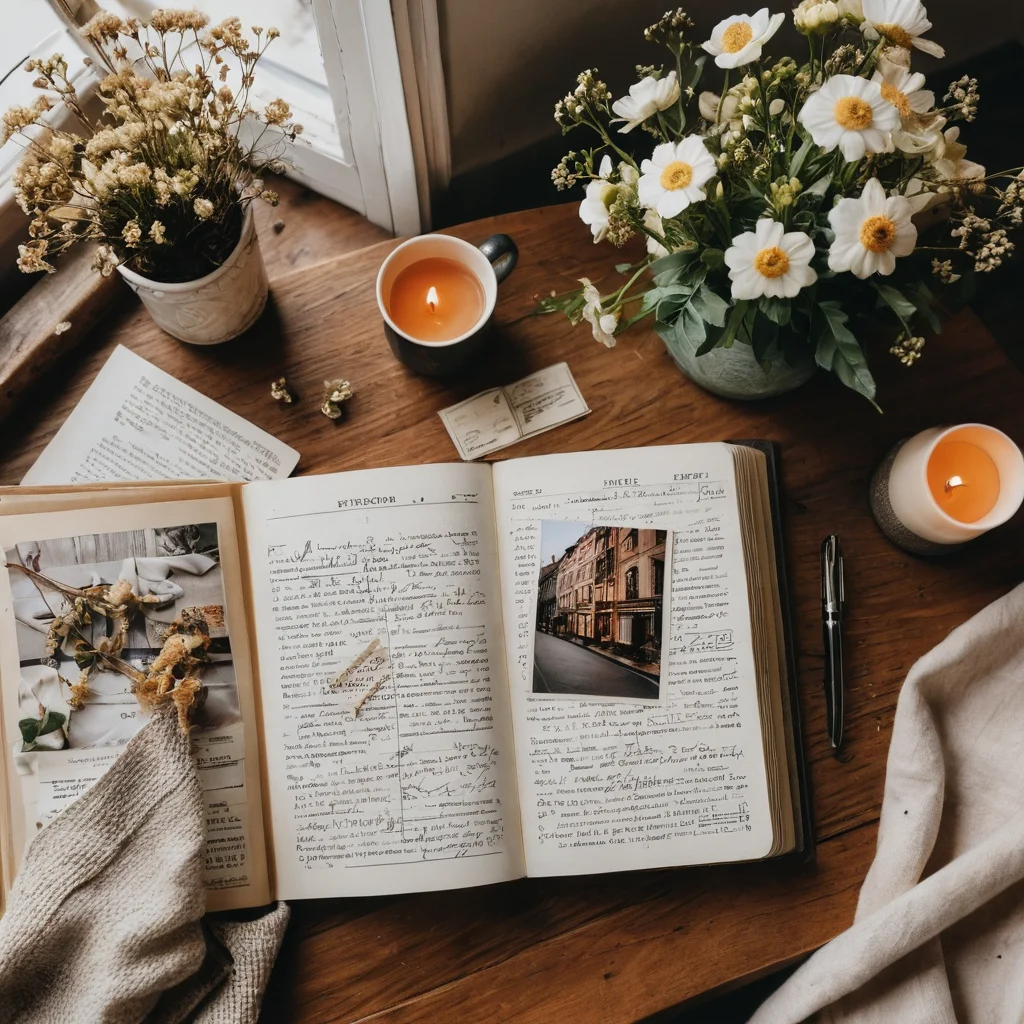 Крупный план страницы открытого фотоальбома с тщательно расположенными фотографиями, небольшими рукописными заметками, засушенными цветами и старым билетом. Изображение передает принцип рассказывания историй через снимки и личные моменты, создавая эмоциональную связь.