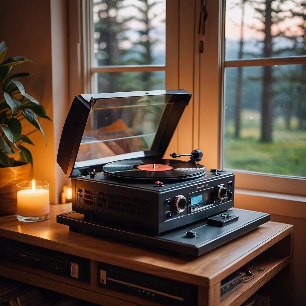 Фотореалистичное изображение винтажного проигрывателя с вращающейся виниловой пластинкой. Мягкий теплый свет и легкое боке создают ощущение спокойствия и релаксации. Композиция передает влияние музыки как звукового ландшафта на самочувствие.