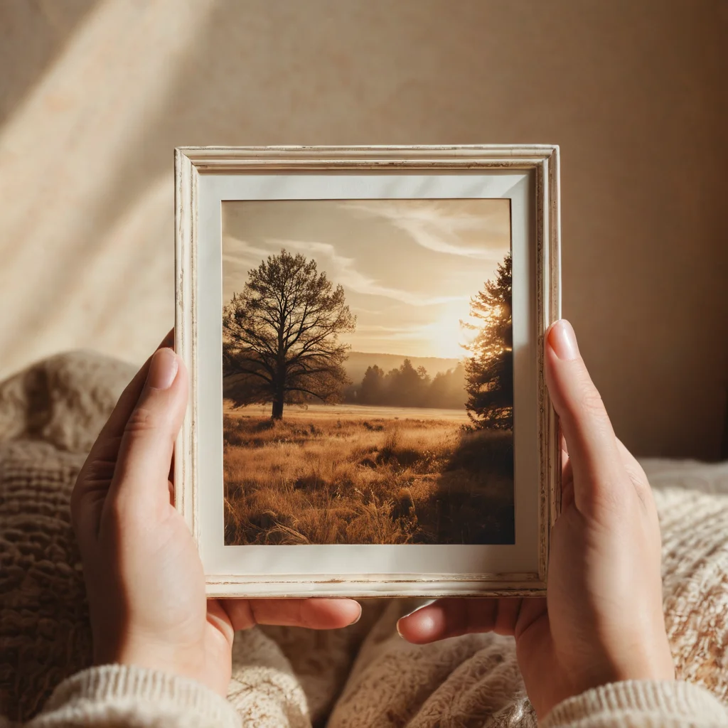 Крупный план рук, бережно держащих старую, выцветшую фотографию. Мягкий фокус на заднем плане, теплый солнечный свет, видимые пылинки в воздухе. Атмосфера винтажности, ностальгии и воспоминаний, связанных с аналоговой фотографией.