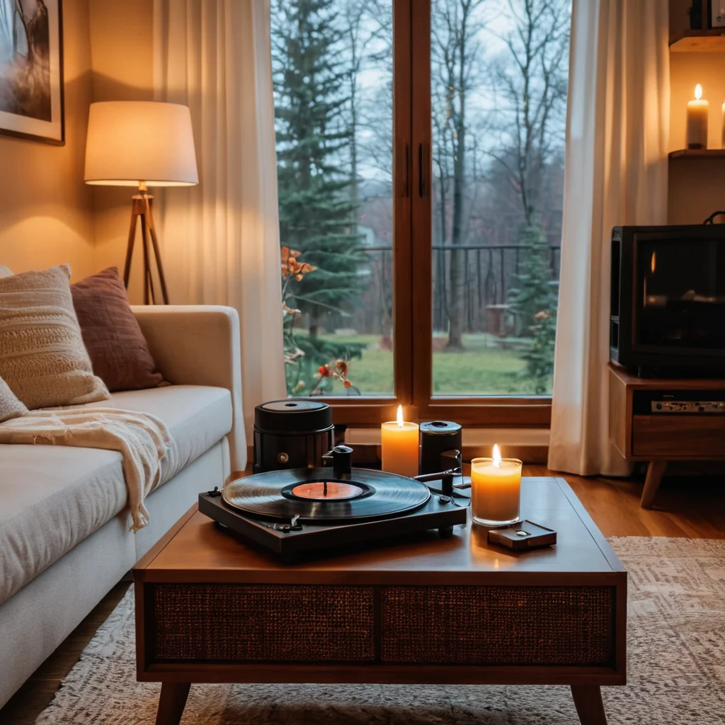Фотореалистичная сцена уютной гостиной, где на журнальном столике лежит открытый фотоальбом, рядом горят свечи, создавая теплый свет. На заднем плане виден винтажный проигрыватель, а на планшете отображается подобранный плейлист. Атмосфера гармонично сочетает визуальные и звуковые элементы, создавая саундтрек жизни.